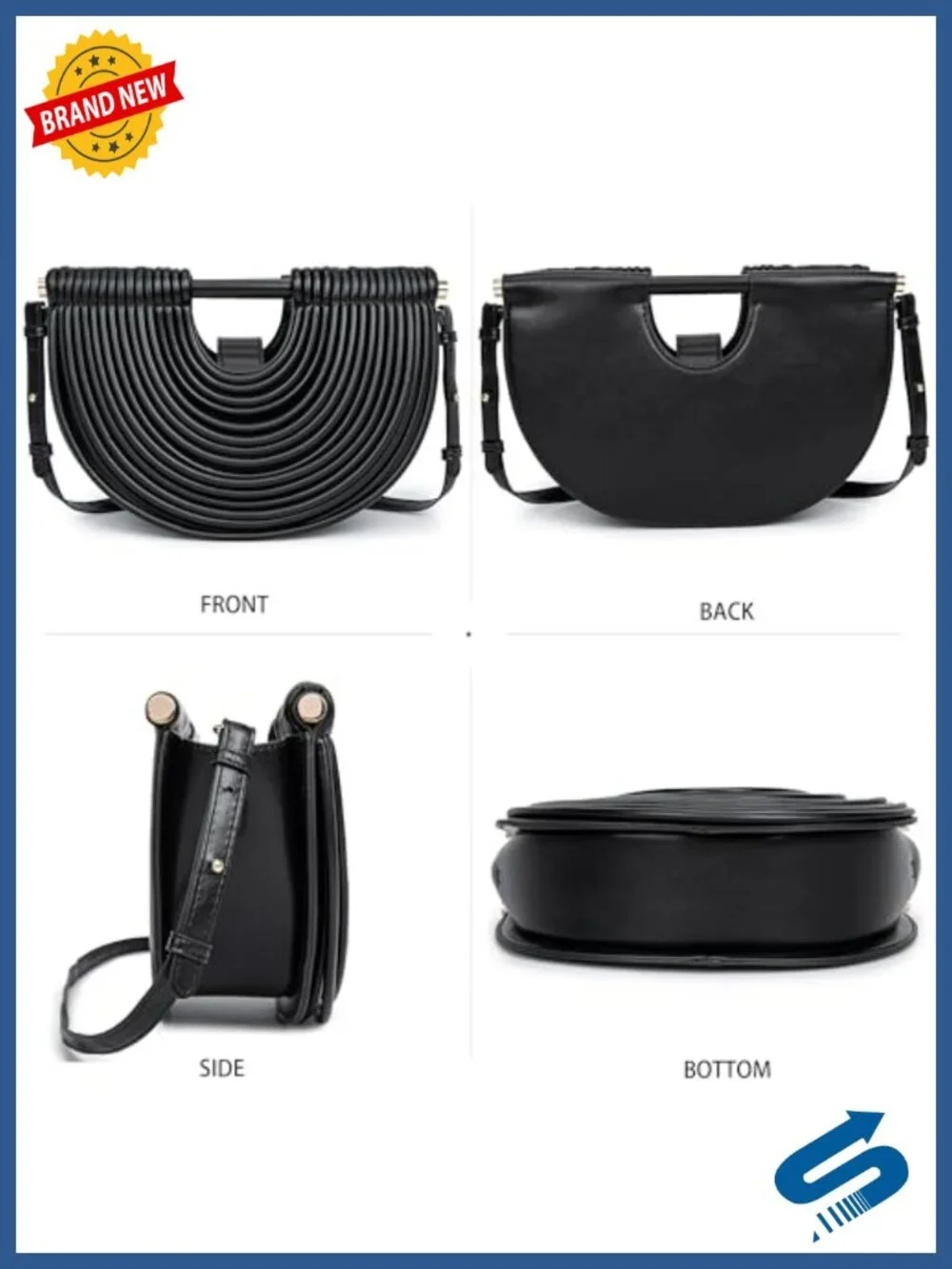 Woven PU Vegan Soft Leather Evening Clutch Purse Half Round Crossbody Bag